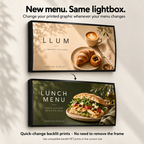 Illustration of changing the printed menu in the same curved LED lightbox without removing the frame from the wall.