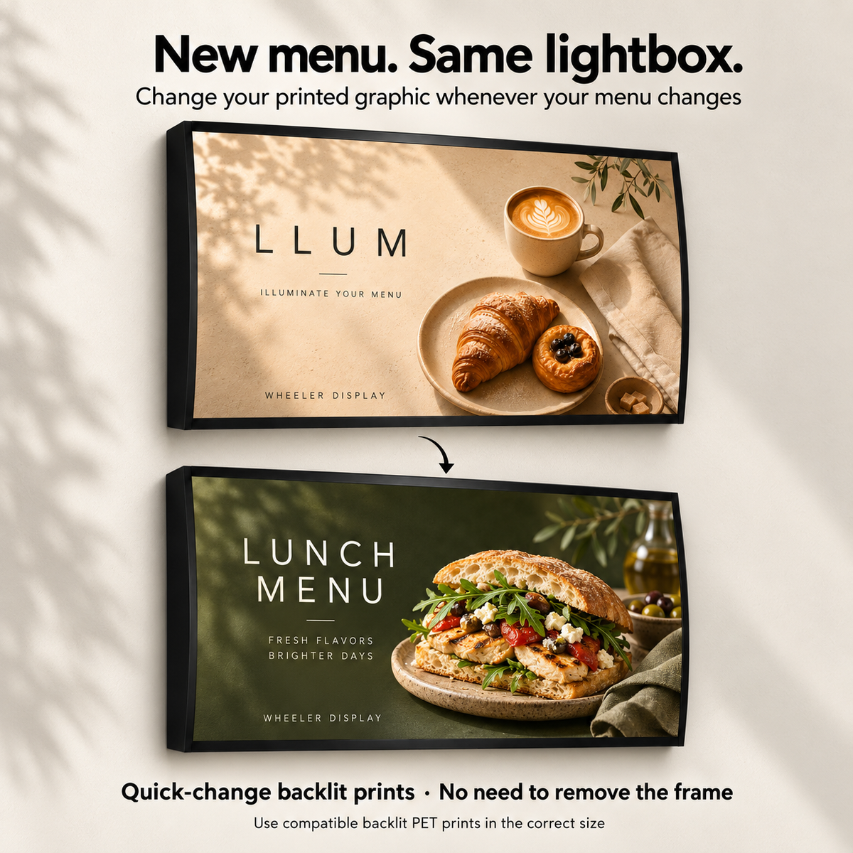Illustration of changing the printed menu in the same curved LED lightbox without removing the frame from the wall.