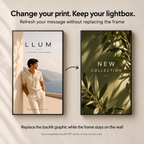 Illustration showing the same wall-mounted LED lightbox with two different replaceable backlit prints.